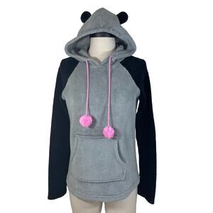 XOXO teddy fleece pullover hoodie, medium black gray pink pompon teddy bear hood